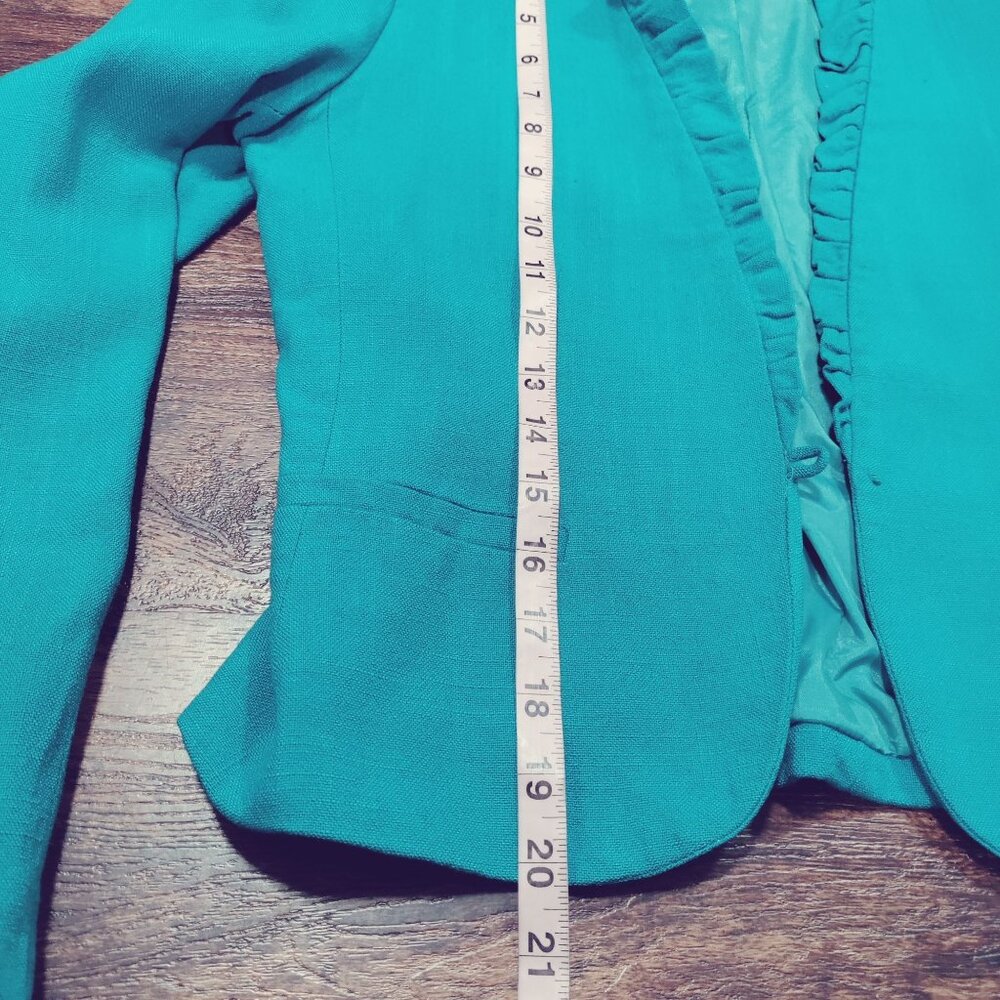 Cassidy Puff Sleeve Ruffle Twee Vintage 80s Tweed Office Blazer Turquoise US 8 - Picture 10 of 11